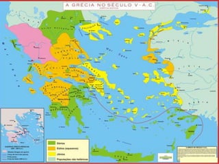 A Origem do Povo Grego

   Mistura do povo autóctone (Pelasgos), com os
    povos indo-europeus que invadiram a Grécia a
    partir do 2º milénio a.C.




                 Dórios – Peloponeso                    Jónios - Leste


Aqueus- Peloponeso                     Eólios - Oeste
 
