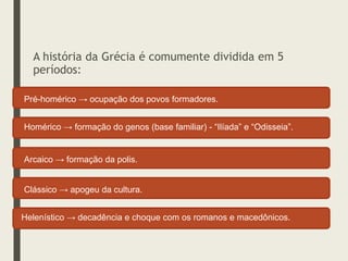 A história da Grécia é comumente dividida em 5
períodos:
Helenístico → decadência e choque com os romanos e macedônicos.
Clássico → apogeu da cultura.
Arcaico → formação da polis.
Homérico → formação do genos (base familiar) - “Ilíada” e “Odisseia”.
Pré-homérico → ocupação dos povos formadores.
 