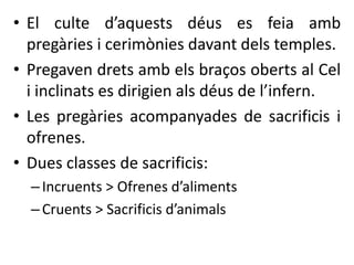 • El culte d’aquests déus es feia amb 
pregàries i cerimònies davant dels temples. 
• Pregaven drets amb els braços oberts al Cel 
i inclinats es dirigien als déus de l’infern. 
• Les pregàries acompanyades de sacrificis i 
ofrenes. 
• Dues classes de sacrificis: 
– Incruents > Ofrenes d’aliments 
– Cruents > Sacrificis d’animals 
 