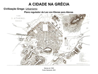 A CIDADE NA GRÉCIA
Civilização Grega: Urbanismo
Plano regulador de Leo von Klenze para Atenas
Atenas em 1842
Fonte: Benévolo, 2001
 