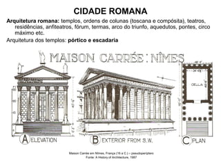 CIDADE ROMANA
Arquitetura romana: templos, ordens de colunas (toscana e compósita), teatros,
residências, anfiteatros, fórum, termas, arco do triunfo, aquedutos, pontes, circo
máximo etc.
Arquitetura dos templos: pórtico e escadaria
Maison Carrée em Nîmes, França (16 a C.) – pseudoperíptero
Fonte: A History of Architecture, 1987
 