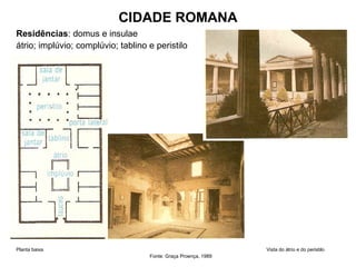CIDADE ROMANA
Residências: domus e insulae
átrio; implúvio; complúvio; tablino e peristilo
Planta baixa Vista do átrio e do peristilo
Fonte: Graça Proença, 1989
 