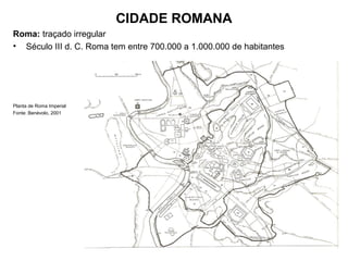 CIDADE ROMANA
Roma: traçado irregular
• Século III d. C. Roma tem entre 700.000 a 1.000.000 de habitantes
Planta de Roma Imperial
Fonte: Benévolo, 2001
 