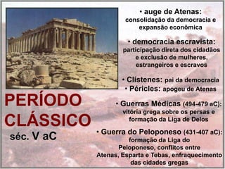 • auge de Atenas:
                         consolidação da democracia e
                             expansão econômica

                          • democracia escravista:
                        participação direta dos cidadãos
                            e exclusão de mulheres,
                             estrangeiros e escravos

                        • Clístenes: pai da democracia
                         • Péricles: apogeu de Atenas
PERÍODO       • Guerras Médicas              (494-479 aC):
                        vitória grega sobre os persas e
CLÁSSICO • Guerra do Peloponeso
                           formação da Liga de Delos

                                             (431-407 aC):
séc. V aC                 formação da Liga do
                       Peloponeso, conflitos entre
                Atenas, Esparta e Tebas, enfraquecimento
                           das cidades gregas
 