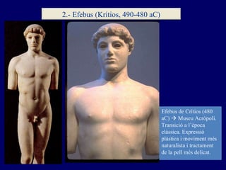Efebus de Crítios (480 aC)     Museu Acròpoli. Transició a l’època clàssica. Expressió plàstica i moviment més naturalist...
