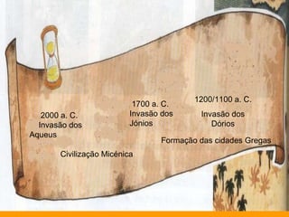 2000 a. C.  Invasão dos Aqueus   1700 a. C. Invasão dos Jónios   1200/1100 a. C. Invasão dos Dórios Civilização Micénica Formação das cidades Gregas 