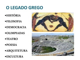 O LEGADO GREGO
HISTÓRIA
FILOSOFIA
DEMOCRACIA
OLIMPIADAS
TEATRO
POESIA
ARQUITETURA
ESCULTURA
 