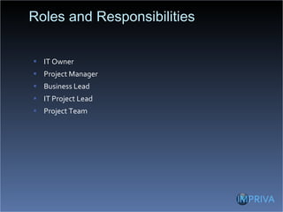 Roles and Responsibilities IT Owner Project Manager Business Lead IT Project Lead Project Team 