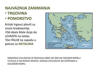 NAJVAZNIJA ZANIMANJA
• TRGOVINA
• POMORSTVO
Kritski trgovci plovili su
sirom Sredozemlja
•Od obala Male Azije do
LEVANTA na istoku
•Do ITALIJE ka zapadu u
potrazi za METALIMA



  MINOJSKA CIVILIZACIJA SE RAZVIJALA BRZE OD ONE NA GRCKOM KOPNU I
  UTICALA JE NA NJIHOV RAZVOJ I RAZVOJ CIVILIZACIJE NA OSTRVIMA U
  EGEJSKOM MORU.
 