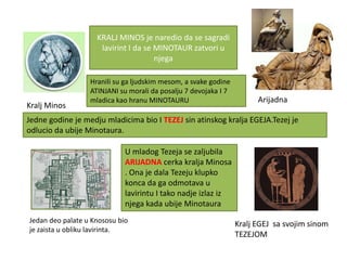KRALJ MINOS je naredio da se sagradi
                     lavirint I da se MINOTAUR zatvori u
                                      njega

                  Hranili su ga ljudskim mesom, a svake godine
                  ATINJANI su morali da posalju 7 devojaka I 7
                  mladica kao hranu MINOTAURU                          Arijadna
Kralj Minos
Jedne godine je medju mladicima bio I TEZEJ sin atinskog kralja EGEJA.Tezej je
odlucio da ubije Minotaura.

                             U mladog Tezeja se zaljubila
                             ARIJADNA cerka kralja Minosa
                             . Ona je dala Tezeju klupko
                             konca da ga odmotava u
                             lavirintu I tako nadje izlaz iz
                             njega kada ubije Minotaura
Jedan deo palate u Knososu bio                                   Kralj EGEJ sa svojim sinom
je zaista u obliku lavirinta.
                                                                 TEZEJOM
 