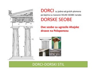 DORCI su jedno od grckih plemena
    po kojima su nazvane VELIKE SEOBE naroda

    DORSKE SEOBE
    Ove seobe su ugrozile Ahajske
    drzave na Peloponezu




DORCI-DORSKI STIL
 