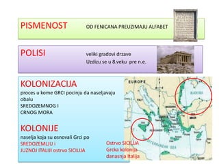 PISMENOST                     OD FENICANA PREUZIMAJU ALFABET




POLISI                        veliki gradovi drzave
                              Uzdizu se u 8.veku pre n.e.



KOLONIZACIJA
proces u kome GRCI pocinju da naseljavaju
obalu
SREDOZEMNOG I
CRNOG MORA


KOLONIJE
naselja koja su osnovali Grci po
SREDOZEMLJU i                          Ostrvo SICILIJA
JUZNOJ ITALIJI ostrvo SICILIJA         Grcka kolonija
                                       danasnja Italija
 