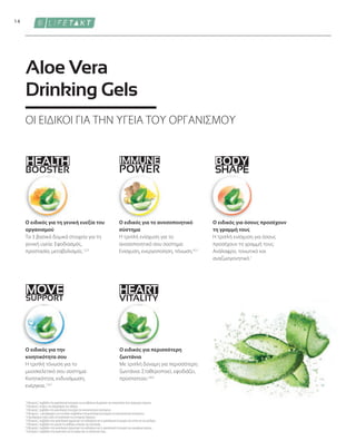 BODY
SHAPE
HEALTH
BOOSTER
IMMUNE
POWER
HEART
VITALITY
14
SUPPORT
MOVE
1
Η βιταμίνη C συμβάλλει στη φυσιολογική λειτουργία των μεταβολικών διεργασιών που αποσκοπούν στην παραγωγή ενέργειας.
2
Η βιταμίνη C αυξάνει την απορρόφηση του σιδήρου.
3
Η βιταμίνη C συμβάλλει στη φυσιολογική λειτουργία του ανοσοποιητικού συστήματος.
4
Η βιταμίνη C, ο ψευδάργυρος και το σελήνιο συμβάλλουν στη φυσιολογική λειτουργία του ανοσοποιητικού συστήματος.
5
Ο ψευδάργυρος παίζει ρόλο στη διαδικασία της κυτταρικής διαίρεσης.
6
Η βιταμίνη C συμβάλλει στον φυσιολογικό σχηματισμό του κολλαγόνου για τη φυσιολογική λειτουργία των οστών και των χόνδρων.
7
Η βιταμίνη C συμβάλλει στη μείωση της αίσθησης κόπωσης και εξάντλησης.
8
Η βιταμίνη C συμβάλλει στον φυσιολογικό σχηματισμό του κολλαγόνου για τη φυσιολογική λειτουργία των αιμοφόρων αγγείων.
9
Η βιταμίνη C συμβάλλει στην προστασία των κυττάρων από το οξειδωτικό στρες.
Ο ειδικός για την
κινητικότητα σου
Η τριπλή τόνωση για το
μυοσκελετικό σου σύστημα:
Κινητικότητα, ενδυνάμωση,
ενέργεια..1,6,7
Ο ειδικός για περισσότερη
ζωντάνια
Με τριπλή δύναμη για περισσότερη
ζωντάνια: Σταθεροποιεί, εφοδιάζει,
προστατεύει.2,8,9
Ο ειδικός για όσους προσέχουν
τη γραμμή τους
Η τριπλή ενίσχυση για όσους
προσέχουν τη γραμμή τους:
Ανάλαφρο, τονωτικό και
αναζωογονητικό.1
Ο ειδικός για τη γενική ευεξία του
οργανισμού
Τα 3 βασικά δομικά στοιχεία για τη
γενική υγεία: Εφοδιασμός,
προστασία, μεταβολισμός.1,2,3
Ο ειδικός για το ανοσοποιητικό
σύστημα
Η τριπλή ενίσχυση για το
ανοσοποιητικό σου σύστημα:
Ενίσχυση, ενεργοποίηση, τόνωση.4,5,1
ΟΙ ΕΙΔΙΚΟΙ ΓΙΑ ΤΗΝ ΥΓΕΙΑ ΤΟΥ ΟΡΓΑΝΙΣΜΟΥ
Aloe Vera
Drinking Gels
 