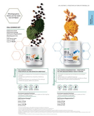ΕΙΔΙΚΗ ΤΙΜΗ ΣΕΤ ΜΟΝΟ
Ελλάδα: € 125,99
Κύπρος: € 106,49
Ελλάδα: € 37,99
(€ 26,94 ανά 100 g)
Κύπρος: € 31,99
(€ 22,69 ανά 100 g)
Ελλάδα: € 37,99
(€ 37,25 ανά 100 g)
Κύπρος: € 31,99
(€ 31,36 ανά 100 g)
81202 | 141 g
81201 | 102 g
81203 |
23
1
Το Cell Essence Food περιέχει βιταμίνη E, η οποία συμβάλλει στην προστασία των κυττάρων από το οξειδωτικό στρες.
2
Το Cell Essence Energy περιέχει ριβοφλαβίνη (βιταμίνη B2), η οποία συμβάλλει στην προστασία των κυττάρων από το οξειδωτικό στρες.
3
Το Cell Essence Regeneration περιέχει ψευδάργυρο, ο οποίος συμβάλλει στην προστασία των κυττάρων από το οξειδωτικό στρες.
4
Η βιταμίνη C συμβάλλει στην φυσιολογική λειτουργία των μεταβολικών διεργασιών που αποσκοπούν στην παραγωγή ενέργειας. Η βιταμίνη E συμβάλλει στην προστασία των κυττάρων από το οξειδωτικό στρες.
5
Οι βιταμίνες B12, B6, ριβοφλαβίνη, νιασίνη και παντοθενικό οξύ συμβάλλουν στην φυσιολογική λειτουργία των μεταβολικών διεργασιών που αποσκοπούν στην παραγωγή ενέργειας και στη μείωση της αίσθησης κόπωσης και εξάντλησης.
6
Ο ψευδάργυρος, το φολικό οξύ, η βιταμίνη D, ο σίδηρος και το μαγνήσιο παίζουν ρόλο στη διαδικασία της κυτταρικής διαίρεσης. Το ασβέστιο παίζει ρόλο στη διαδικασία της κυτταρικής διαίρεσης και εξειδίκευσης. Ο ψευδάργυρος συμβάλλει στη φυσιολογική σύνθεση του DNA.
* Με βάση το έτοιμο προϊόν.
** Τα συμπληρώματα διατροφής δεν υποκαθιστούν την πλούσια και ισορροπημένη διατροφή, ενώ πρέπει να εντάσσονται σε έναν υγιεινό τρόπο ζωής.
Β
Α
Σ
Ι
Κ
Η
Υ
Π
Ο
Σ
Τ
Η
Ρ
Ι
Ξ
Η
VEGAN
VEGAN ΧΩΡΙΣ ΓΛΟΥΤΕΝΗ
ΧΩΡΙΣ ΓΛΟΥΤΕΝΗ ΧΩΡΊΣ ΖΆΧΑΡΗ*
ΧΩΡΙΣ ΖΑΧΑΡΗ* ΧΩΡΙΣ ΛΑΚΤΟΖΗ
ΧΩΡΙΣ ΛΑΚΤΟΖΗ
Ολοκληρωμένες
λύσεις για την υγεία
των κυττάρων
CELL ESSENCE ΣΕΤ
Cell Essence Food
Cell Essence Energy
Cell Essence Regeneration
Ολοκληρωμένο Σετ
Cell Essence Energy**
Συνιστώμενη ημερήσια δοσολογία:
• 
Διαλύστε 1 δοσομετρικό κουταλάκι από το προϊόν σε 100 ml νερό και
καταναλώστε το κάθε μεσημέρι
• 
Υποστηρίζει την παραγωγή και την μετατροπή της ενέργειας στα
κύτταρα5
• 
Με καινοτόμα superfoods όπως σπιρουλίνα, Chlorella και
Guarana
• 
Με σύμπλεγμα βιταμινών του συμπλέγματος Β και πολύτιμα
μέταλλα όπως χρώμιο, ασβέστιο και μαγνήσιο
CELL ESSENCE ENERGY –
ΥΠΟΣΤΗΡΙΞΗ ΓΙΑ ΤΗΝ ΠΑΡΑΓΩΓΗ ΕΝΕΡΓΕΙΑΣ5
Cell Essence Regeneration**
Συνιστώμενη ημερήσια δοσολογία:
• 
Διαλύστε 1,5 δοσομετρικό κουταλάκι από το προϊόν σε 100 ml
νερό και καταναλώστε το κάθε βράδυ
• 
Υποστηρίζει την αναγέννηση των κυττάρων και την κυτταρική
διαίρεση6
• 
Εμπλουτισμένο με το superfood κουρκουμά
• 
Με έναν συνδυασμό από πολύτιμες βιταμίνες, μέταλλα και ένζυμα,
όπως βιταμίνη D3, χαλκό, σελήνιο και φυλλικό οξύ
CELL ESSENCE REGENERATION – ΥΠΟΣΤΗΡΙΞΗ
ΓΙΑ ΤΗΝ ΑΝΑΖΩΟΓΟΝΗΣΗ ΤΩΝ ΚΥΤΤΑΡΩΝ6
LR LIFETAKT | ΥΠΟΣΤΗΡΙΞΗ ΤΩΝ ΚΥΤ ΤΑΡΩΝ |
 