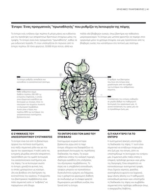 41
Η συστηματική άσκηση υποστηρίζει
τη διαδικασία της πέψης. Γι' αυτό είναι
σημαντικό να εντάξουμε στοχευμένα
στη ζωή μας την κίνηση, ώστε να
υποστηρίξουμε τη λειτουργία του εντέρου
μας. Σημαντικό ρόλο παίζει επίσης η
επαρκής πρόσληψη φυτικών ινών μέσω
της διατροφής. Είναι απαραίτητο να
καταναλώνουμε συστηματικά τροφές
όπως ξηρούς καρπούς, φασόλια,
αναποφλοίωτα φρούτα και λαχανικά,
ψωμί ολικής άλεσης κ.α. Η καθημερινή
κατανάλωση φυτικών ινών υποστηρίζει
τη διαδικασία της πέψης και συμβάλλει
σημαντικά στην πρόληψη ασθενειών όπως
ο σακχαρώδης διαβήτης.
Εκατομμύρια νευρικά κύτταρα
βρίσκονται γύρω από το παχύ
έντερο, ελέγχουν και διασφαλίζουν τη
φυσιολογική λειτουργία της περίπλοκης
διαδικασίας της πέψης. Τα νεύρα
καθιστούν επίσης την κοιλιακή περιοχή
ιδιαίτερα ευαίσθητη στις επιδράσεις
του εξωτερικού περιβάλλοντος. Το
στρες και η υπερβολική κατανάλωση
τροφών μπορούν να προκαλέσουν
δυσκοιλιότητα, κράμπες και διάρροια,
ενώ η χαλαρή και χαρούμενη διάθεση
σε συνδυασμό με το ελαφρύ φαγητό
δημιουργούν μια αίσθηση ευεξίας που
ξεκινά από το έντερο.
Το έντερο είναι ένα από τα βασικότερα
όργανα του πεπτικού συστήματος,
ενώ παίζει σημαντικό ρόλο και για την
άμυνα του οργανισμού. Η καλή υγεία της
εντερικής χλωρίδας αποτελεί απαραίτητη
προϋπόθεση για την ομαλή λειτουργία
του ανοσοποιητικού συστήματος και
της πέψης. Για να λειτουργεί σωστά
το έντερο, χρειάζεται φυτικές ίνες,
οι οποίες χρησιμεύουν ως καύσιμη
ύλη και βοηθούν στη διατήρηση της
κινητικότητας του οργάνου. Η ισορροπία
του βακτηριακού περιβάλλοντος είναι
πολύ σημαντική ώστε οι εισβολείς να
παραμένουν υπό έλεγχο.
Το έντερο ενός ενήλικου έχει περίπου 8 μέτρα μήκος και ευθύνεται
για την πρόσληψη των απαραίτητων θρεπτικών στοιχείων μέσω της
τροφής. Το έντερο είναι ένας πραγματικός πρωταθλητής, καθώς σε
μια ενδεικτική περίοδο 75 ετών υπολογίζεται ότι περνούν από το
έντερο περίπου 30 τόνοι φαγητού, 50.000 λίτρα ποτού, αλλά και
πολλά κιλά βλαβερών ουσιών, όπως βακτήρια και παθογόνοι
μικροοργανισμοί. Το έντερο μας ωστόσο φροντίζει να παρέχει στον
οργανισμό μόνο τα χρήσιμα στοιχεία, ενώ μας προστατεύει από τις
βλαβερές ουσίες που καταλήγουν στο πεπτικό μας σύστημα.
Έντερο: Ένας πραγματικός πρωταθλητής που ρυθμίζει τη λειτουργία της πέψης
Η κατάσταση του εντέρου καθορίζει
σε μεγάλο βαθμό την καθημερινή
λειτουργία του οργανισμού μας, τη
γενική κατάσταση της υγείας μας και
το προσδόκιμο ζωής μας.
Κάθε ανθρώπινο σώμα
διαθέτει περίπου 200-300 τ.μ.
εντερικής επιφάνειας, η οποία
είναι εξαιρετικά ευαίσθητη και
λειτουργεί ως σύνορο, όπου το
εσωτερικό του σώματος συναντά
το εξωτερικό περιβάλλον.
Αυτός είναι ο λόγος που
περίπου 80% των κυττάρων του
ανοσοποιητικού συστήματος
βρίσκονται εκεί.
Ο αριθμός των βακτηρίων
που ζουν στο έντερο είναι
μεγαλύτερος από τον αριθμό
των κυττάρων του ανθρώπινου
σώματος.
Το έντερο ρυθμίζει, εκπαιδεύει και
κατευθύνει το ανοσοποιητικό σύστημα.
Ο,ΤΙ ΚΑΛΥΤΕΡΟ ΓΙΑ ΤΟ
ΕΝΤΕΡΟ
ΤΟ ΕΝΤΕΡΟ ΕΧΕΙ ΤΟΝ ΔΙΚΟ ΤΟΥ
ΕΓΚΕΦΑΛΟ
Ο ΣΥΜΜΑΧΟΣ ΤΟΥ
ΑΝΟΣΟΠΟΙΗΤΙΚΟΥ ΣΥΣΤΗΜΑΤΟΣ
ΧΡΗΣΙΜΕΣ ΠΛΗΡΟΦΟΡΙΕΣ |
 