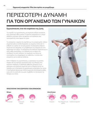 44
ΠΕΡΙΣΣΟΤΕΡΗ ΔΥΝΑΜΗ
Άσκηση
Εσωτερική
ηρεμία
Διατροφή
ΠΡΟΣΤΑΤΕΨΕ ΤΗΝ ΙΣΟΡΡΟΠΙΑ ΤΩΝ ΟΡΜΟΝΩΝ!
Μέτρα:
Ευεξία και αρμονία
Υγιές δέρμα  υγιή
μαλλιά
Ενέργεια
Αποτέλεσμα:
Εμμηνόπαυση: ένα νέο κεφάλαιο της ζωής
Την περίοδο της εμμηνόπαυσης, μια σημαντική αλλαγή συντελείται
στον οργανισμό κάθε γυναίκας. Η ορμονική ισορροπία και το σώμα
αλλάζουν με φυσικό τρόπο και φέρνουν στο προσκήνιο νέες
προτεραιότητες όσον αφορά την υγεία.
Τα οιστρογόνα, η ορμόνη που σχετίζεται με το γυναικείο φύλο, παίζουν
σημαντικό ρόλο σε πολλές διεργασίες του σώματος. Εκτός από τη
ρύθμιση του κύκλου και την εγκυμοσύνη, τα οιστρογόνα επιδρούν
σημαντικά στις διεργασίες του μεταβολισμού της ενέργειας και στον
σχηματισμό των οστών. Τα οιστρογόνα είναι ιδιαίτερα σημαντικά για τα
οστά, καθώς αναστέλλουν την επίδραση των κυττάρων που
αποδομούν τα οστά, αυξάνουν την αιμάτωση των οστών και
υποστηρίζουν την απορρόφηση του ασβεστίου, το οποίο είναι
απαραίτητο για τα οστά και τα δόντια.
Κατά τη διάρκεια της εμμηνόπαυσης, ο οργανισμός της γυναίκας
παράγει όλο και λιγότερα οιστρογόνα λόγω των αλλαγών στην
ορμονική ισορροπία. Η πρόσληψη ασβεστίου, βιταμίνης D και
μαγνησίου είναι ιδιαίτερα σημαντική κατά τη διάρκεια αυτής της
περιόδου για τη διατήρηση της φυσιολογικής κατάστασης των οστών.
Η συστηματική άσκηση έχει επίσης ευεργετικά αποτελέσματα, καθώς
εκτός από την ανάπτυξη των μυών, συμβάλλει στη διατήρηση της
δύναμης των οστών.
ΓΙΑ ΤΟΝ ΟΡΓΑΝΙΣΜΟ ΤΩΝ ΓΥΝΑΙΚΩΝ
Ορμονική ισορροπία: Όλα όσα πρέπει να γνωρίζουμε
 