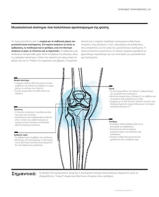 47
• 
Τα οστά σχηματίζουν τον σκελετό, τη βασική δομή
του μυοσκελετικού συστήματος
• 
Θρεπτικά στοιχεία όπως η βιταμίνη D, το ασβέστιο και
το μαγγάνιο είναι αναγκαία για τα οστά
• 
Σύμφωνα με τη DGE (German Nutrition Society), είναι
ιδιαίτερα σημαντικό να φροντίζουμε για την επαρκή
πρόσληψη βιταμίνης D*
• 
Οι χόνδροι παίζουν βασικό ρόλο για τη
λειτουργία των αρθρώσεων
• 
Αποτελούνται από ένα πλέγμα
χονδροκυττάρων και ελαστικών ινών
κολλαγόνου
• 
Αντλούν τα θρεπτικά συστατικά που
χρειάζονται από το αρθρικό υγρό
• 
Το αρθρικό υγρό περιβάλλει τους χόνδρους
• 
Μπορούμε να υποστηρίξουμε τη λειτουργία
του με θρεπτικά συστατικά όπως βιταμίνες C
 E, γλυκοζαμίνη και χονδροϊτίνη
• 
Οι τένοντες αποτελούν τη σύνδεση μεταξύ
των μυών και των οστών
• 
Αποτελούνται από κολλαγονώδη συνδετικό
ιστό, ο οποίος τους καθιστά ικανούς να
αντέχουν έντονες δυνάμεις και διατάσεις
αλλά όχι ιδιαίτερα ελαστικούς
• 
Υπάρχουν περίπου 600 είδη μυών, τα οποία
ρυθμίζουν την κίνηση και στηρίζουν το σώμα,
μαζί με τα οστά και τους τένοντες
• 
Οι μύες συμμετέχουν σε κάθε κίνηση του
σώματος
Χόνδροι
Οστά
Αρθρικό υγρό
Τένοντες
Μυϊκό σύστημα
* German Nutrition Society (DGE), 2012
Σημαντικό: Οι χόνδροι δεν αιματώνονται, επομένως η συστηματική άσκηση είναι απολύτως απαραίτητη, ώστε να
εξασφαλίζεται η εισροή σημαντικών θρεπτικών στοιχείων στους χόνδρους.
Το σώμα αποτελείται από το ενεργό και το παθητικό μέρος του
μυοσκελετικού συστήματος. Στο πρώτο ανήκουν τα οστά, οι
αρθρώσεις, οι σύνδεσμοι και οι χόνδροι, ενώ στο δεύτερο
ανήκουν οι μύες, οι τένοντες και οι περιτονίες. Οι αρθρώσεις μας
δουλεύουν σκληρά κάθε μέρα. Κατά τη διάρκεια της άσκησης, όπως
π.χ. γρήγορο περπάτημα, η πίεση που ασκείται στα ισχία μπορεί να
φτάσει έως και το 7πλάσιο του σωματικού μας βάρους. Η σωματική
άσκηση και η επαρκής πρόσληψη συγκεκριμένων θρεπτικών
στοιχείων, όπως βιταμίνες C και E, γλυκοζαμίνη και χονδροϊτίνη,
είναι απαραίτητες για την υγεία του μυοσκελετικού συστήματος. Η
οστική πυκνότητα μειώνεται με την ηλικία, επομένως χρειάζεται να
φροντίζουμε περισσότερο για την υποστήριξη του μυοσκελετικού
μας συστήματος.
Μυοσκελετικό σύστημα: ένα πολύπλοκο αριστούργημα της φύσης
ΧΡΗΣΙΜΕΣ ΠΛΗΡΟΦΟΡΙΕΣ |
 