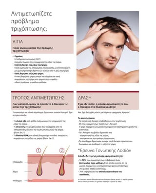 Υπόδερμα
Χόριο
Επιδερμίδα
Αντιμετωπίζετε
πρόβλημα
τριχόπτωσης;
ΑΙΤΙΑ
•	Ορμόνες
	Η διϋδροτεστοστερόνη (DHT)
προκαλεί έμμεσα την υποχώρηση της ρίζας της τρίχας
•	 Ελλιπής θρέψη της ρίζας της τρίχας
	Κακή αιμάτωση της επιδερμίδας της κεφαλής, με αποτέλεσμα τη
μειωμένη πρόσληψη θρεπτικών ουσιών από τη ρίζα της τρίχας
•	Κακή δομή της ρίζας της τρίχας	
Η κακή δομή της τρίχας μπορεί να οδηγήσει σε κακή
συγκράτηση της τρίχας στο τριχωτό της κεφαλής –
πιθανή συνέπεια: η απώλεια μαλλιών
Ποιες είναι οι αιτίες της πρόωρης
τριχόπτωσης;
ΤΡΟΠΟΣ ΑΝΤΙΜΕΤΩΠΙΣΗΣ
Το καινοτόμο και ειδικό σύμπλεγμα δραστικών ουσιών Procapil® δρα
σε τρία επίπεδα:
• Το ελαϊκό οξύ από φύλλα ελιάς μειώνει την υποχώρηση της
ρίζας της τρίχας
• Η απιγενίνη, ένα φλαβονοειδές που προέρχεται από τα
εσπεριδοειδή, αυξάνει την αιμάτωση της ρίζας της τρίχας
(βλέπε Εικ. 1)
• Το Biotinyl-GHK, ένα ειδικό βιταμινούχο πεπτίδιο, ενισχύει τη
συγκράτηση της ρίζας της τρίχας (βλέπε Εικ. 2)
Πώς καταπολεμούν τα προϊόντα L-Recapin τις
αιτίες της τριχόπτωσης;
ΔΡΑΣΗ
Ναι. Έχει διεξαχθεί μελέτη με διάρκεια εφαρμογής 4 μηνών.*
Τα αποτελέσματα:
• Τα προϊόντα L-Recapin επιβραδύνουν την τριχόπτωση
• Με την εφαρμογή των προϊόντων L-Recapin
η τρίχα παραμένει για μεγαλύτερο χρονικό διάστημα στη φάση της
ανάπτυξης
• Το L-Recapin συμβάλλει δραστικά στη
	 συγκράτηση της ρίζας της τρίχας,
	 αποτρέποντας την πρόωρη τριχόπτωση
• Το σύμπλεγμα δραστικών ουσιών του L-Recapin προστατεύει,
δυναμώνει και αναδομεί τη ρίζα της τρίχας
Έχει εξεταστεί η αποτελεσματικότητα του
L-Recapin στα πλαίσια μελέτης;
*Έρευνα Τονωτικής Λοσιόν
– Το 76% των συμμετεχόντων επιβεβαίωσε έναν
βελτιωμένο όγκο μαλλιών. Έτσι, αποδεικνύεται ότι τα
μαλλιά παραμένουν για περισσότερο χρονικό διάστημα
στο φυσικό στάδιο ανάπτυξης. 
– 76% επιβεβαίωσε την αποτελεσματι­κότητα του
προϊόντος.
Αποδεδειγμένη αποτελεσματικότητα:
(Η Τονωτική Λοσιόν δοκιμάστηκε σε 20 άντρες ηλικίας μεταξύ 21 και 60 χρονών,
από το Derma Tronnier, για χρονικό διάστημα 4 μηνών το 2005)
 