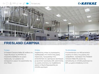 Τα έργα μας
Το έργο
Η Friesland Campina Hellas AE ανέθεσε στο
Τμήμα Φωτισμού της ΚΑΥΚΑΣ την
ενεργειακή αναβάθμιση του χώρου
παραγωγής, των γραφείων και
κοινόχρηστων χώρων του εργοστασίου της
στην Πάτρα
Η λύση
Λαμβάνοντας υπόψη τις συγκεκριμένες
προδιαγραφές που απαιτεί ένας χώρος
παραγωγής, προχωρήσαμε στην
αντικατάσταση του υφιστάμενου εξοπλισμού
με φωτιστικά τεχνολογίας LED, καλύπτοντας
τις υψηλές απαιτήσεις του περιβάλλοντα
χώρου σε θέματα θερμοκρασίας και
επιπέδου φωτισμού
Το αποτέλεσμα
Η αντικατάσταση των 440 φωτιστικών
σωμάτων σε όλους τους χώρους που
αναφέρθηκαν, προσέφερε στην Friesland
Campina Hellas AE μείωση της
κατανάλωσης σε επίπεδα μεγαλύτερα του
60%, με χρόνο απόσβεσης τα 2 έτη
FRIESLAND CAMPINA
ΕΡΓΑ
 