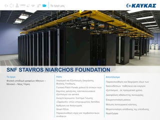 Τα έργα μας
SNF STAVROS NIARCHOS FOUNDATION
Το έργο
Φυσική υποδομή γραφείων Αθηνών –
Μονακό – Νέας Υόρκη
Λύση
Λογισμικό και Εξοπλισμός Διαχείρισης
Φυσικής Υποδομής
Γωνιακά Patch Panels χαλκού & οπτικών ινών
Καμπίνες φιλοξενίας τηλεπικοινωνιακού
εξοπλισμού και servers
Ανοιχτά Ικριώματα. Σύστημα Γείωσης
«Σφράγιση» οπών υπερυψωμένου δαπέδου
Αρίθμηση και Αναγνώριση
Smart PDUs
Παρακολούθηση ισχύς και περιβαλλοντικών
συνθηκών
Αποτέλεσμα
Παρακολούθηση και διαχείριση όλων των
διασυνδέσεων παθητικού και ενεργού
εξοπλισμού , σε πραγματικό χρόνο.
Διασφάλιση αδιάλειπτης λειτουργίας
Ελαχιστοποίηση ρίσκου
Μείωση λειτουργικού κόστους
Μεγιστοποίηση απόδοσης της επένδυσης
Real-Estate
 