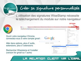 Créer sa signature personnalisée
L’utilisation des signatures WiseStamp nécessite
le téléchargement du module sur notre navigateur
Ouvrir votre navigateur Chrome,
connectez-vous à votre compte gmail :
Aller dans options, plus d’outils,
extensions, plus d’extensions
Rechercher Wisestamp et l’installer
(version for gmail ou l’autre)
OPTIONS
 