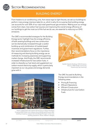 1 04
2 05   Sector Recommendations

3 06                                            BUILDING ENERGY
       From heaters to air conditioning units, from stove tops to light fixtures, we ask our buildings to
       perform many energy intensive tasks for us, which is why it’s no surprise that building energy
       use accounts for over 20% of our city’s total greenhouse gas emissions. Making sure our energy
       comes from clean, low-carbon fuel sources and improving the overall energy efficiency of
       our buildings to get the most out of the fuel we do use, are essential to reducing our GHG
       emissions.

                                                                                           Reside            Bui
       The GRC’s recommended strategies for the Building                                         ntia
                                                                                                     l          ldi
       Energy sector highlight how the energy efficiency                                                           n
       of both existing buildings and new construction




                                                                                                                      gs
       can be dramatically increased through a careful
                                                                                     9%




                                                                                                                  Co
       building up and combination of market-based
                                  on




                                                                                                                    mm
       incentives and government regulations. Further,
                               t at i




                                                                                                                      erc
       their recommendations focus on the importance
                                                                                                     12%




                                                                                                                         ial
                           Transpor
                                      Road




       of measuring and sharing building energy use as
       methods for increasing awareness and supporting
       market change. And finally, the GRC recommends
       increased infrastructure for low-carbon fuels, in
       order to diversify our fuel stock and supplement our                                Seattle Citywide Buildings GHG Emissions
       carbon-neutral electricity supply, which is particularly                                     (Source: 2008 Seattle Community
                                                                                                          Greenhouse Gas Inventory)
       important as our city grows and energy demands
       grow with it.

                                                                                    The GRC focused its Building
                                                                                    Energy recommendations in the
                                                                                    following areas:
                                                                                    •	   Pricing & Financing
                                                                                    •	   Efficient Operations
                                                                                    •	   Efficient Construction
                                                                                    •	   Infrastructure for Low-Carbon
                                                                                         Fuels




              GGLO collaborated with Capitol Hill Housing to design Broadway
           Crossing (LEED Silver), and measure the building’s performance after
             building occupancy. Lessons learned allowed the team to fine tune
                                  building operations. (Photo: William P. Wright)


             grc letter           executive summary              background              plan-wide                 sector

  37                                             Green Ribbon Commission Recommendations
 
