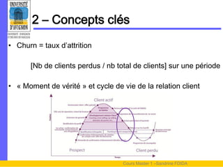 2 – Concepts clés
• Churn = taux d’attrition

      [Nb de clients perdus / nb total de clients] sur une période

• « Moment de vérité » et cycle de vie de la relation client




                                   Cours Master 1 –Sandrine FDIDA
 
