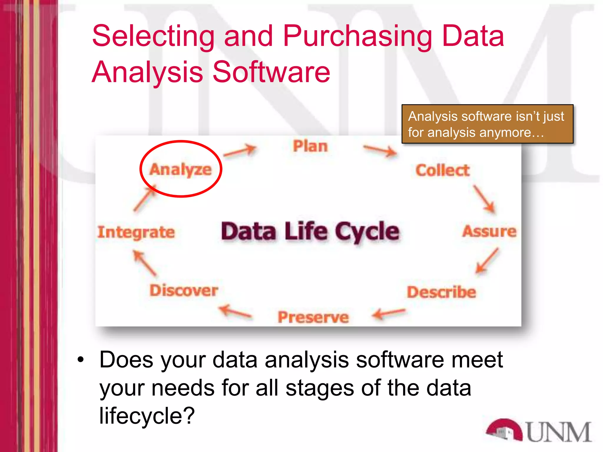 Selecting and Purchasing Data Analysis Software Analysis software isn’t just for analysis anymore… • Does your data analysis software meet your needs for all stages of the data lifecycle? 
