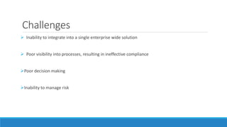 Challenges 
 Inability to integrate into a single enterprise wide solution 
 Poor visibility into processes, resulting in ineffective compliance 
Poor decision making 
Inability to manage risk 
 