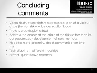 Concluding
comments
• Value destruction reinforces stressors as part of a vicious
circle (human risk – value destruction loop)
• There is a contagion effect
• Address the causes at the origin of the risks rather than its
consequences – development of new methods
• Need for more proximity, direct communication and
trust
• Test reliability in different industries
• Further quantitative research
12
 