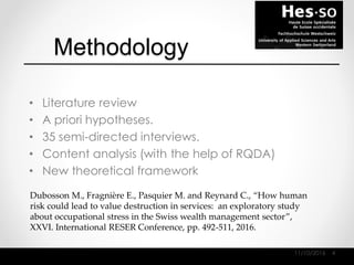 Methodology
• Literature review
• A priori hypotheses.
• 35 semi-directed interviews.
• Content analysis (with the help of RQDA)
• New theoretical framework
11/10/2016 4
Dubosson M., Fragnière E., Pasquier M. and Reynard C., “How human
risk could lead to value destruction in services: an exploratory study
about occupational stress in the Swiss wealth management sector”,
XXVI. International RESER Conference, pp. 492-511, 2016.
 