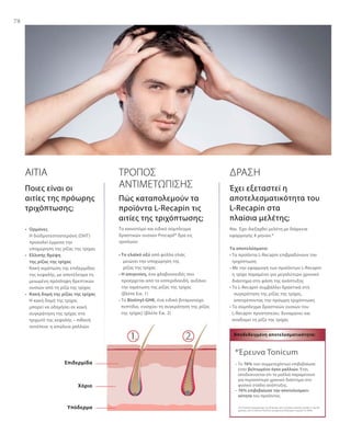 78
*Έρευνα Tonicum
– Το 76% των συμμετεχόντων επιβεβαίωσε
έναν βελτιωμένο όγκο μαλλιών. Έτσι,
αποδεικνύεται ότι τα μαλλιά παραμένουν
για περισσότερο χρονικό διάστημα στο
φυσικό στάδιο ανάπτυξης. 
– 76% επιβεβαίωσε την αποτελεσματι­
κότητα του προϊόντος.
(To Τonicum δοκιμάστηκε σε 20 άντρες και 5 γυναίκες ηλικίας μεταξύ 21 και 60
χρονών, από το Derma Tronnier, για χρονικό διάστημα 4 μηνών το 2005)
Αποδεδειγμένη αποτελεσματικότητα:
ΑΙΤΙΑ
•	 Ορμόνες
	Η διϋδροτεστοστερόνη (DHT)
προκαλεί έμμεσα την
υποχώρηση της ρίζας της τρίχας
•	 Ελλιπής θρέψη
	 της ρίζας της τρίχας
	 Κακή αιμάτωση της επιδερμίδας
της κεφαλής, με αποτέλεσμα τη
μειωμένη πρόσληψη θρεπτικών
ουσιών από τη ρίζα της τρίχας
•	Κακή δομή της ρίζας της τρίχας	
Η κακή δομή της τρίχας
	μπορεί να οδηγήσει σε κακή
συγκράτηση της τρίχας στο
τριχωτό της κεφαλής – πιθανή
συνέπεια: η απώλεια μαλλιών
Επιδερμίδα
Χόριο
Υπόδερμα
ΔΡΑΣΗ
Ναι. Έχει διεξαχθεί μελέτη με διάρκεια
εφαρμογής 4 μηνών.*
Τα αποτελέσματα:
• Τα προϊόντα L-Recapin επιβραδύνουν την
τριχόπτωση
• Με την εφαρμογή των προϊόντων L-Recapin
η τρίχα παραμένει για μεγαλύτερο χρονικό
διάστημα στη φάση της ανάπτυξης
• Το L-Recapin συμβάλλει δραστικά στη
	 συγκράτηση της ρίζας της τρίχας,
	 αποτρέποντας την πρόωρη τριχόπτωση
• Το σύμπλεγμα δραστικών ουσιών του
L-Recapin προστατεύει, δυναμώνει και
αναδομεί τη ρίζα της τρίχας
ΤΡΟΠΟΣ
ΑΝΤΙΜΕΤΩΠΙΣΗΣ
Το καινοτόμο και ειδικό σύμπλεγμα
δραστικών ουσιών Procapil® δρα εις
τριπλούν:
• Το ελαϊκό οξύ από φύλλα ελιάς
	 μειώνει την υποχώρηση της
	 ρίζας της τρίχας
• Η απιγενίνη, ένα φλαβονοειδές που
προέρχεται από τα εσπεριδοειδή, αυξάνει
την αιμάτωση της ρίζας της τρίχας
(βλέπε Εικ. 1)
• Το Biotinyl-GHK, ένα ειδικό βιταμινούχο
πεπτίδιο, ενισχύει τη συγκράτηση της ρίζας
της τρίχας! (βλέπε Εικ. 2)
Ποιες είναι οι
αιτίες της πρόωρης
τριχόπτωσης;
Πώς καταπολεμούν τα
προϊόντα L-Recapin τις
αιτίες της τριχόπτωσης;
Έχει εξεταστεί η
αποτελεσματικότητα του
L-Recapin στα
πλαίσια μελέτης;
 