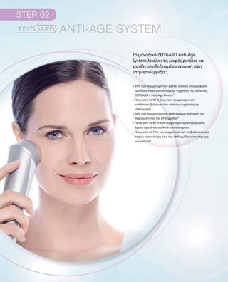 Το μοναδικό ZEITGARD Anti-Age
System λειαίνει τις μικρές ρυτίδες και
χαρίζει αποδεδειγμένα νεανική όψη
στην επιδερμίδα *.
• 95% των συμμετεχόντων βλέπει ιδανική απορρόφηση
των δραστικών συστατικών με τη χρήση της συσκευής
ZEITGARD 2 Anti-Age Device*
• Πάνω από το 90 % όλων των συμμετεχόντων
αισθάνεται βελτίωση του επίπεδου υγρασίας της
επιδερμίδας
• 90% των συμμετεχόντων επιβεβαιώνει βελτίωση της
σφριγηλότητας της επιδερμίδας*
• Πάνω από το 80 % των συμμετεχόντων επιβεβαιώνει
άμεσα ορατά και αισθητά αποτελέσματα *
• Πάνω από το 75% των συμμετεχόντων επιβεβαιώνει μια
σαφώς νεανικότερη όψη της επιδερμίδας στην περιοχή
των ματιών*
 