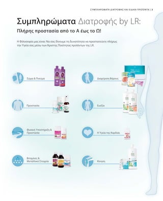 3|Συμπληρώματα Διατροφής και Ειδικά Προϊόντα
Συμπληρώματα Διατροφής by LR:
Πλήρης προστασία από το Α έως το Ω!
Η Φιλοσοφία μας είναι: Να σας δίνουμε τη δυνατότητα να προστατεύετε πλήρως
την Υγεία σας μέσω των Άριστης Ποιότητας προϊόντων της LR.
Προστασία
Η Υγεία της Καρδιάς
Κίνηση
Σώμα  Πνεύμα
Φυσική Υποστήριξη 
Προστασία
Βιταμίνες 
Μεταλλικά Στοιχεία
Διαχείριση Βάρους
Ευεξία
 
