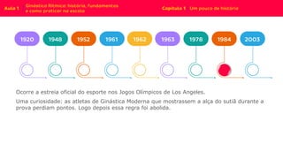 Ocorre a estreia oficial do esporte nos Jogos Olímpicos de Los Angeles.
Uma curiosidade: as atletas de Ginástica Moderna que mostrassem a alça do sutiã durante a
prova perdiam pontos. Logo depois essa regra foi abolida.
 