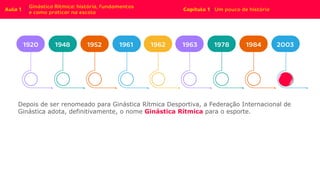 Depois de ser renomeado para Ginástica Rítmica Desportiva, a Federação Internacional de
Ginástica adota, definitivamente, o nome Ginástica Rítmica para o esporte.
 