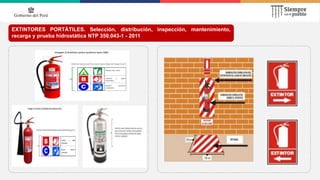 EXTINTORES PORTÁTILES. Selección, distribución, inspección, mantenimiento,
recarga y prueba hidrostática NTP 350.043-1 - 2011
 