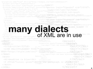 many dialects of XML are in use <ccxml version="1.0" xmlns="http://www.w3.org/2002/09/ccxml"> <eventprocessor> <transition event="connection.alerting" name="evt"> <log expr="'The number called is' + evt.connection.remote + '.'"/> <if cond="evt.connection.remote == 'tel:+18315551234'"> <log expr="'Go away! we do not want to answer the phone.'"/> <reject/> <else/> <log expr="'We like you! We are going to answer the call.'"/> <accept/> </if> </transition> <transition event="connection.connected"> <log expr="'Call was answered,Time to disconnect it.'"/> <disconnect/> </transition> <transition event="connection.disconnected"> <log expr="'Call has been disconnected. Ending CCXML Session.'"/> <exit/> </transition> </eventprocessor> </ccxml> <mroot> <mrow> <mn>1</mn> <mo>-</mo> <mfrac> <mi>x</mi> <mn>2</mn> </mfrac> </mrow> <mn>3</mn> </mroot> <users> <person login="fgandon" uid="19536"> <home>/net/user/fg</home> <pref>/sys/19536.inf</pref> <access_level>8</access_level> </person> <person login="fgandon" uid="19536"> <home>/net/user/fg</home> <pref>/sys/19536.inf</pref> <access_level>8</access_level> </person> </users> <p:pipeline name="fig2" xmlns:p="http://example.org/PipelineNamespace"> <p:input port="doc" sequence="no"/> <p:output port="out" step="xform" source="result"/> <p:choose name="vcheck" step="fig2" source="doc"> <p:when test="/*[@version < 2.0]"> <p:output name="valid" step="val1" source="result"/> <p:step type="p:validate" name="val1"> <p:input port="document" step="fig2" source="doc"/> <p:input port="schema" href="v1schema.xsd"/> </p:step> </p:when> <p:otherwise> <p:output name="valid" step="val2" source="result"/> <p:step type="p:validate" name="val2"> <p:input port="document" step="fig2" source="doc"/> <p:input port="schema" href="v2schema.xsd"/> </p:step> </p:otherwise> </p:choose> <p:step type="p:xslt" name="xform"> <p:input port="document" step="vcheck" source="valid"/> <p:input port="stylesheet" href="stylesheet.xsl"/> </p:step> </p:pipeline>  <HTML>  <HEAD> <TITLE>title</TITLE> <LINK REL=STYLESHEET TYPE="text/css" HREF="http://style.com/cool" TITLE="Cool"> </HEAD> <BODY> <H1>Headline is blue</H1> <P STYLE="color: green">While the paragraph is green. </BODY> </HTML> 