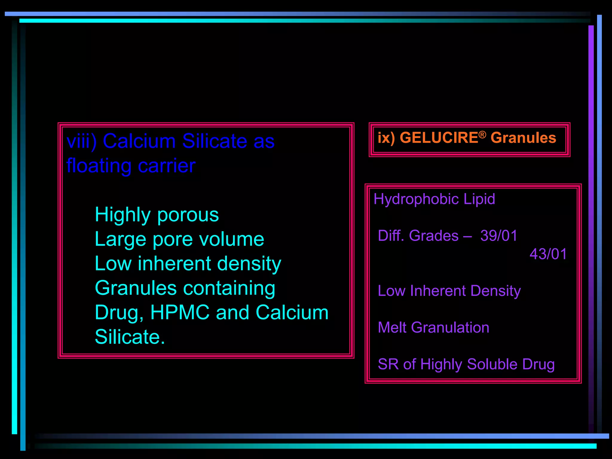 viii) Calcium Silicate as
floating carrier
Highly porous
Large pore volume
Low inherent density
Granules containing
Drug, HPMC and Calcium
Silicate.
ix) GELUCIRE® Granules
Hydrophobic Lipid
Diff. Grades – 39/01
43/01
Low Inherent Density
Melt Granulation
SR of Highly Soluble Drug
 