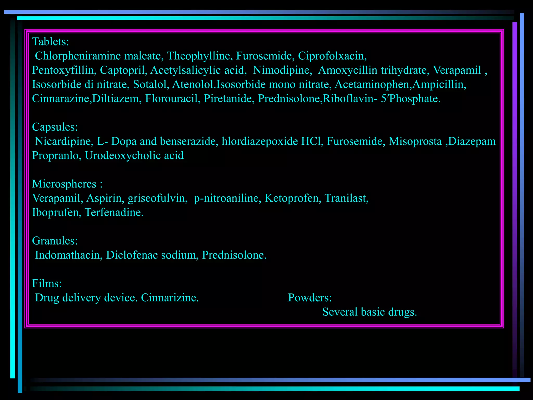 Tablets:
Chlorpheniramine maleate, Theophylline, Furosemide, Ciprofolxacin,
Pentoxyfillin, Captopril, Acetylsalicylic acid, Nimodipine, Amoxycillin trihydrate, Verapamil ,
Isosorbide di nitrate, Sotalol, Atenolol.Isosorbide mono nitrate, Acetaminophen,Ampicillin,
Cinnarazine,Diltiazem, Florouracil, Piretanide, Prednisolone,Riboflavin- 5′Phosphate.
Capsules:
Nicardipine, L- Dopa and benserazide, hlordiazepoxide HCl, Furosemide, Misoprosta ,Diazepam
Propranlo, Urodeoxycholic acid
Microspheres :
Verapamil, Aspirin, griseofulvin, p-nitroaniline, Ketoprofen, Tranilast,
Iboprufen, Terfenadine.
Granules:
Indomathacin, Diclofenac sodium, Prednisolone.
Films:
Drug delivery device. Cinnarizine. Powders:
Several basic drugs.
 