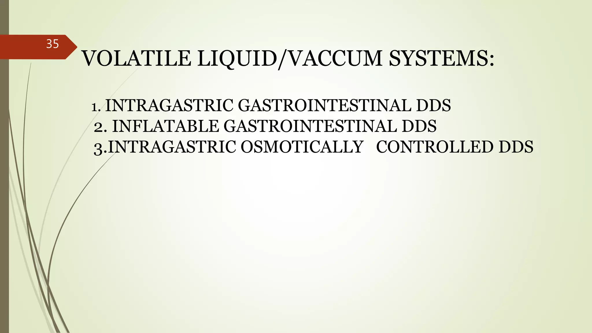 VOLATILE LIQUID/VACCUM SYSTEMS:
1. INTRAGASTRIC GASTROINTESTINAL DDS
2. INFLATABLE GASTROINTESTINAL DDS
3.INTRAGASTRIC OSMOTICALLY CONTROLLED DDS
35
 