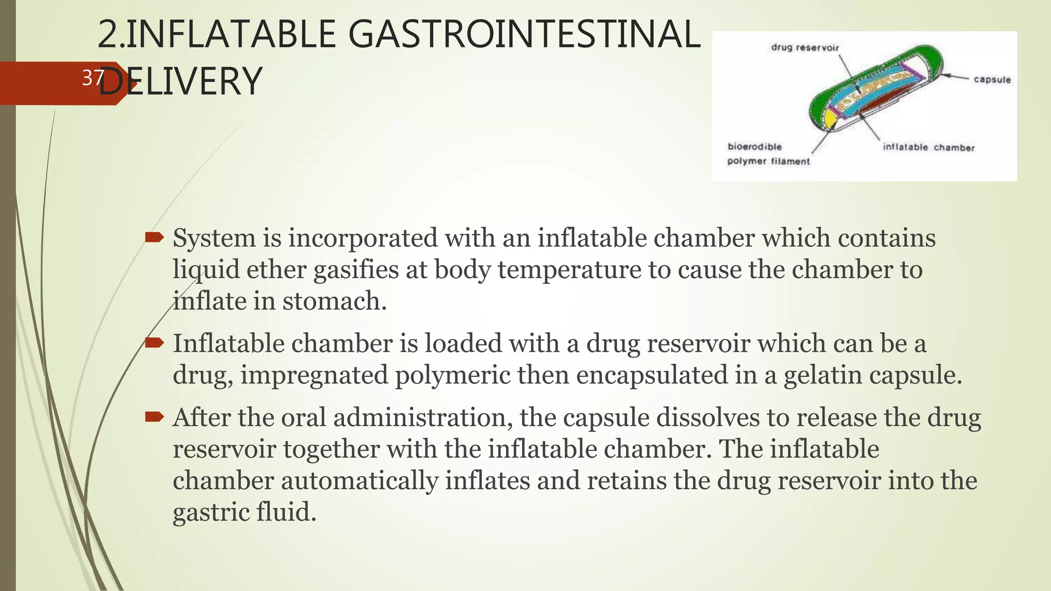 2.INFLATABLE GASTROINTESTINAL
DELIVERY
 System is incorporated with an inflatable chamber which contains
liquid ether gasifies at body temperature to cause the chamber to
inflate in stomach.
 Inflatable chamber is loaded with a drug reservoir which can be a
drug, impregnated polymeric then encapsulated in a gelatin capsule.
 After the oral administration, the capsule dissolves to release the drug
reservoir together with the inflatable chamber. The inflatable
chamber automatically inflates and retains the drug reservoir into the
gastric fluid.
37
 