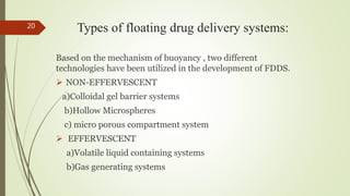 Types of floating drug delivery systems:
Based on the mechanism of buoyancy , two different
technologies have been utilized in the development of FDDS.
 NON-EFFERVESCENT
a)Colloidal gel barrier systems
b)Hollow Microspheres
c) micro porous compartment system
 EFFERVESCENT
a)Volatile liquid containing systems
b)Gas generating systems
20
 