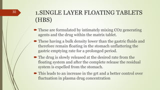 1.SINGLE LAYER FLOATING TABLETS
(HBS)
 These are formulated by intimately mixing CO2 generating
agents and the drug within the matrix tablet.
 These having a bulk density lower than the gastric fluids and
therefore remain floating in the stomach unflattering the
gastric emptying rate for a prolonged period.
 The drug is slowly released at the desired rate from the
floating system and after the complete release the residual
system is expelled from the stomach.
 This leads to an increase in the grt and a better control over
fluctuation in plasma drug concentration
30
 