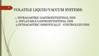 VOLATILE LIQUID/VACCUM SYSTEMS:
1. INTRAGASTRIC GASTROINTESTINAL DDS
2. INFLATABLE GASTROINTESTINAL DDS
3.INTRAGASTRIC OSMOTICALLY CONTROLLED DDS
35
 