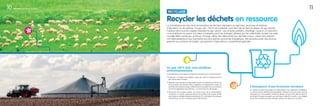 11
Un gaz 100% EnR, trois bénéﬁces
environnementaux
Le biométhane est une ressource triplement vertueuse pour l’environnement :
• Production d’énergie renouvelable, le gaz vert vient en remplacement du
gaz naturel dans le réseau.
• Réduction des émissions de gaz à effet de serre, le méthane produit lors de
la fermentation des déchets dans le digesteur est intégralement capté, ce
qui limite les émissions de gaz à effet de serre produites lors du processus
normal de dégradation des déchets, y compris dans les décharges.
• Diminution des engrais utilisés, les résidus issus de la méthanisation
constituent un engrais organique efﬁcace qui remplace les engrais azotés
gourmands en énergies fossiles émettrices de CO2
et émetteur de protoxyde
d’azote (N2
O), qui est un puissant gaz à effet de serre.
L’émergence d’une économie circulaire
En mettant en place des projets de méthanisation, les collectivités rentabilisent
la collecte de leurs déchets fermentescibles, réduisent le recours à des sources
d’énergies non renouvelables, limitent la diffusion de gaz à fort effet de serre et
produisent l’énergie nécessaire aux véhicules et bâtiments publics: une véritable
économie circulaire peut ainsi émerger, créatrice de valeurs et d’emplois.
Recycler les déchets en ressource
Le biométhane est issu de la fermentation de déchets ménagers ou agricoles, de boues de stations
d’épuration ou de cultures. Ce gaz vert, 100% renouvelable, peut être injecté dans le réseau de gaz naturel.
Il assure alors tous les usages habituels du gaz naturel : eau chaude sanitaire, chauffage, cuisson, et carburant.
Le biométhane occupera une place croissante parmi les énergies utilisées par les collectivités locales car cette
nouvelle ﬁlière vertueuse, porteuse d’image, offrira des débouchés aux déchets locaux, créera des emplois
non délocalisables et leur permettra une plus grande autonomie énergétique. Elle assurera aussi des revenus
garantis aux porteurs de projets, groupement d’agriculteurs, coopératives agricoles…
RECYCLAGE
10 GrDF 2030, aujourd’hui pour demain
 
