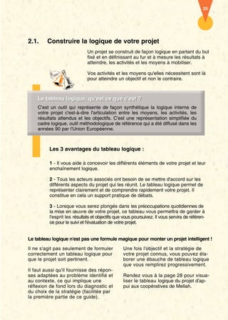 25




2.1.     Construire la logique de votre projet
                              Un projet se construit de façon logique en partant du but
                              fixé et en définissant au fur et à mesure les résultats à
                              atteindre, les activités et les moyens à mobiliser.

                              Vos activités et les moyens qu'elles nécessitent sont là
                              pour atteindre un objectif et non le contraire.



    Le tableau logique, qu'est ce que c'est ?
                        qu'est ce que c'est ?
    C'est un outil qui représente de façon synthétique la logique interne de
    votre projet c'est-à-dire l'articulation entre les moyens, les activités, les
    résultats attendus et les objectifs. C'est une représentation simplifiée du
    cadre logique, outil méthodologique de référence qui a été diffusé dans les
    années 90 par l'Union Européenne.



          Les 3 avantages du tableau logique :

          1 - Il vous aide à concevoir les différents éléments de votre projet et leur
          enchaînement logique.

          2 - Tous les acteurs associés ont besoin de se mettre d'accord sur les
          différents aspects du projet qui les réunit. Le tableau logique permet de
          représenter clairement et de comprendre rapidement votre projet. Il
          constitue en cela un support pratique de débats.

          3 - Lorsque vous serez plongés dans les préoccupations quotidiennes de
          la mise en œuvre de votre projet, ce tableau vous permettra de garder à
          l'esprit les résultats et objectifs que vous poursuivez. Il vous servira de référen-
          ce pour le suivi et l'évaluation de votre projet.


Le tableau logique n'est pas une formule magique pour monter un projet intelligent !
Il ne s'agit pas seulement de formuler           Une fois l'objectif et la stratégie de
correctement un tableau logique pour             votre projet connus, vous pouvez éla-
que le projet soit pertinent.                    borer une ébauche de tableau logique
                                                 que vous remplirez progressivement.
Il faut aussi qu'il fournisse des répon-
ses adaptées au problème identifié et            Rendez vous à la page 28 pour visua-
au contexte, ce qui implique une                 liser le tableau logique du projet d'ap-
réflexion de fond lors du diagnostic et          pui aux coopératives de Mellah.
du choix de la stratégie (facilitée par
la première partie de ce guide).
 