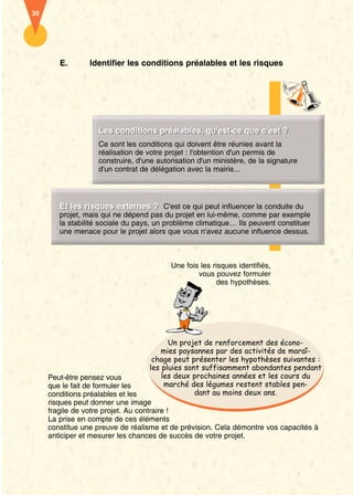30




        E.       Identifier les conditions préalables et les risques




                   Les conditIons préalables, qu'est-ce que c'est ?
                   Les conditions préalables, qu'est ce que c'est ?
                   Ce sont les conditions qui doivent être réunies avant la
                   réalisation de votre projet : l'obtention d'un permis de
                   construire, d'une autorisation d'un ministère, de la signature
                   d'un contrat de délégation avec la mairie...



        Et les risques externes ? C'est ce qui peut influencer la conduite du
        Et les risques enternes
        projet, mais qui ne dépend pas du projet en lui-même, comme par exemple
        la stabilité sociale du pays, un problème climatique… Ils peuvent constituer
        une menace pour le projet alors que vous n'avez aucune influence dessus.



                                         Une fois les risques identifiés,
                                                 vous pouvez formuler
                                                        des hypothèses.




                                            Un projet de renforcement des écono-
                                         mies paysannes par des activités de maraî-
                                      chage peut présenter les hypothèses suivantes :
                                     les pluies sont suffisamment abondantes pendant
     Peut-être pensez vous               les deux prochaines années et les cours du
     que le fait de formuler les          marché des légumes restent stables pen-
     conditions préalables et les                  dant au moins deux ans.
     risques peut donner une image
     fragile de votre projet. Au contraire !
     La prise en compte de ces éléments
     constitue une preuve de réalisme et de prévision. Cela démontre vos capacités à
     anticiper et mesurer les chances de succès de votre projet.
 