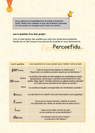 6




        Nous parlerons ici essentiellement de projets à dimension
        locale. Restez donc réalistes et ayez des ambitions mesurées.
        Un seul projet ne changera pas la face du monde !



     Les 6 qualités d'un bon projet :

     Voici un petit aperçu des qualités que votre futur projet devra présenter.
     Gardez les en tête lorsque vous parcourrez ce guide en vous souvenant du



                                               Percoefidu…
                                                  Percoefidu                                               …




    Les 6 qualités           Les questions à vous poser pour tester votre projet

    pertinence                       L'idée de projet est-elle adaptée à la réalité locale ?
                              Répond-elle à un problème prioritaire ressenti par les bénéficiaires ?

                            Les solutions préconisées sont-elles adaptées aux caractéristiques sociales,
              Externe         géographiques, économiques, culturelles et administratives du milieu
co hérence                (quartier, village, région)? Sont-elles conformes aux politiques locales et nationales?
                                     Les moyens prévus permettent-ils de réaliser les activités ?
                Interne    Les activités envisagées convergent-elles vers l'amélioration souhaitée ?


      efficience          Le projet atteint-il son objectif à des coûts raisonnables et sans gaspillage ?



      faisabilité                    Est-ce que les moyens financiers, matériels et humains
                               sont disponibles pour réaliser les activités dans les délais prévus ?


       impact                                 Quels sont les effets concrets du projet
                                            sur les conditions de vie des bénéficiaires ?

      durabilité                              Les résultats durent-ils dans le temps ?
                                                  Le projet peut-il être répliqué ?
 