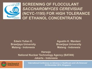 SCREENING OF FLOCCULANT
SACCHAROMYCES CEREVISIAE
(NCYC-1195) FOR HIGH TOLERANCE
OF ETHANOL CONCENTRATION
Harsojo
National Nuclear Technology Agency (BATAN)
Jakarta - Indonesia
Edwin Yulian E.
Brawijaya University
Malang - Indonesia
Agustin K. Wardani
Brawijaya University
Malang - Indonesia
‘International Conference on Advance in Healthcare and Life Sciences’
8-9 November 2014, Singapore
 